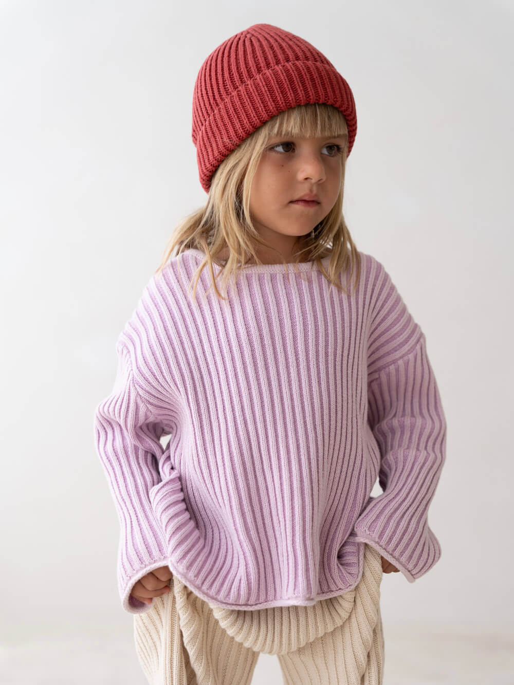 Essential Organic Ribbed Knit Jumper - Mauve Stripe