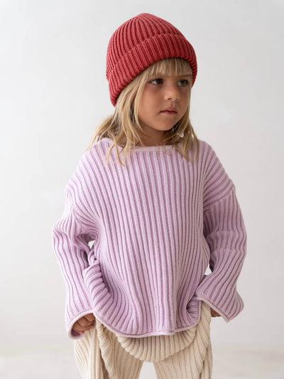 Essential Organic Ribbed Knit Jumper - Mauve Stripe