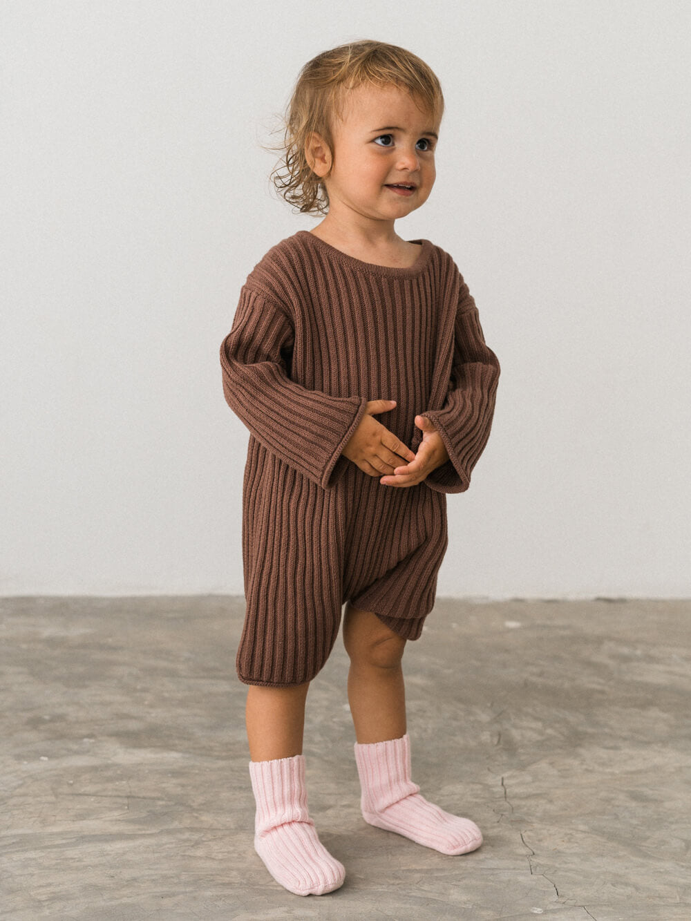 Essential Organic Knit Long Sleeve Romper - Cocoa