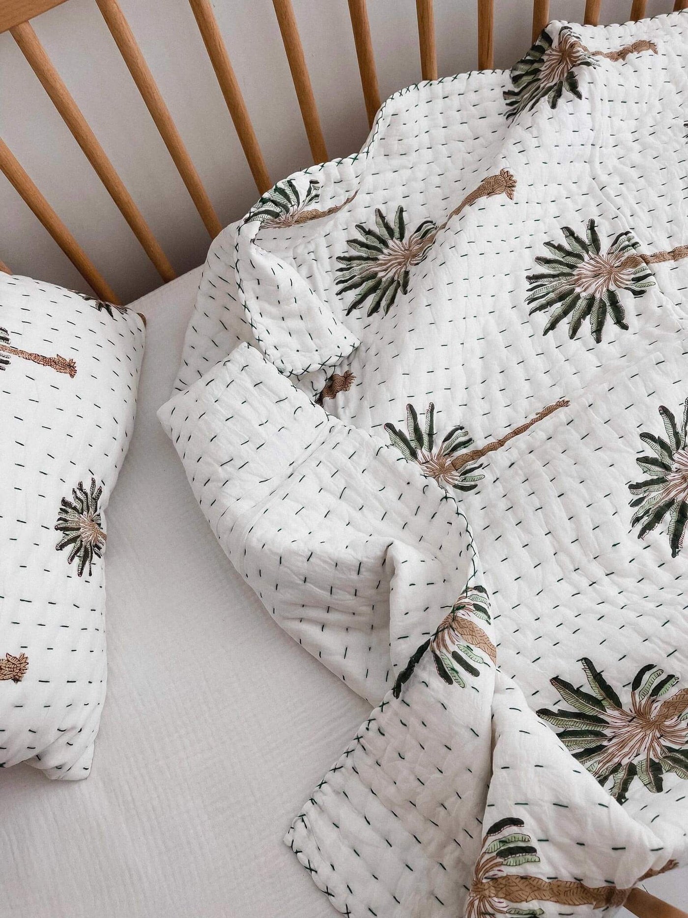 Kantha Cot Quilt - Green Palm